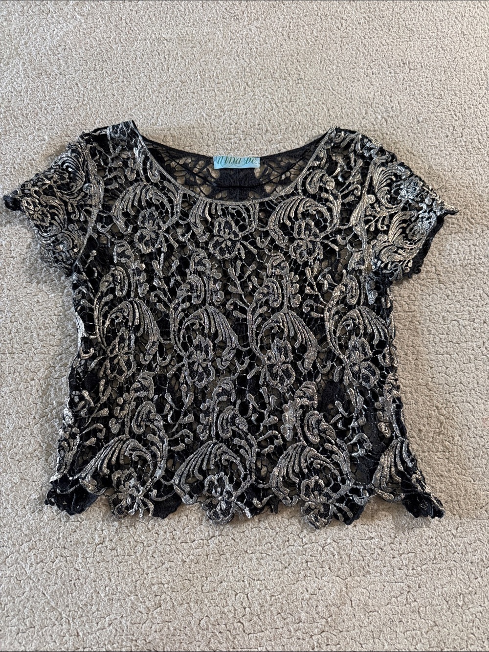 Aina Be Black Cotton Lace Short Sleeve Top with Silver Embellishment Large